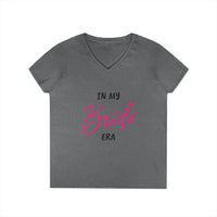 Printify gray v neck women tee with pink Bride script reading In my Bride era eco-friendly bride t-shirt for bachelorette
