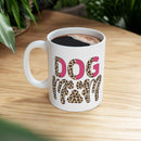 Printify eco friendly ceramic dog mom mug white with leopard print lettering filled with coffee on wooden table