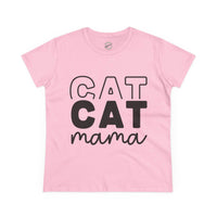 Printify pink cotton T shirt with bold black CAT CAT mama graphic for cat lovers eco-friendly cat mom shirt