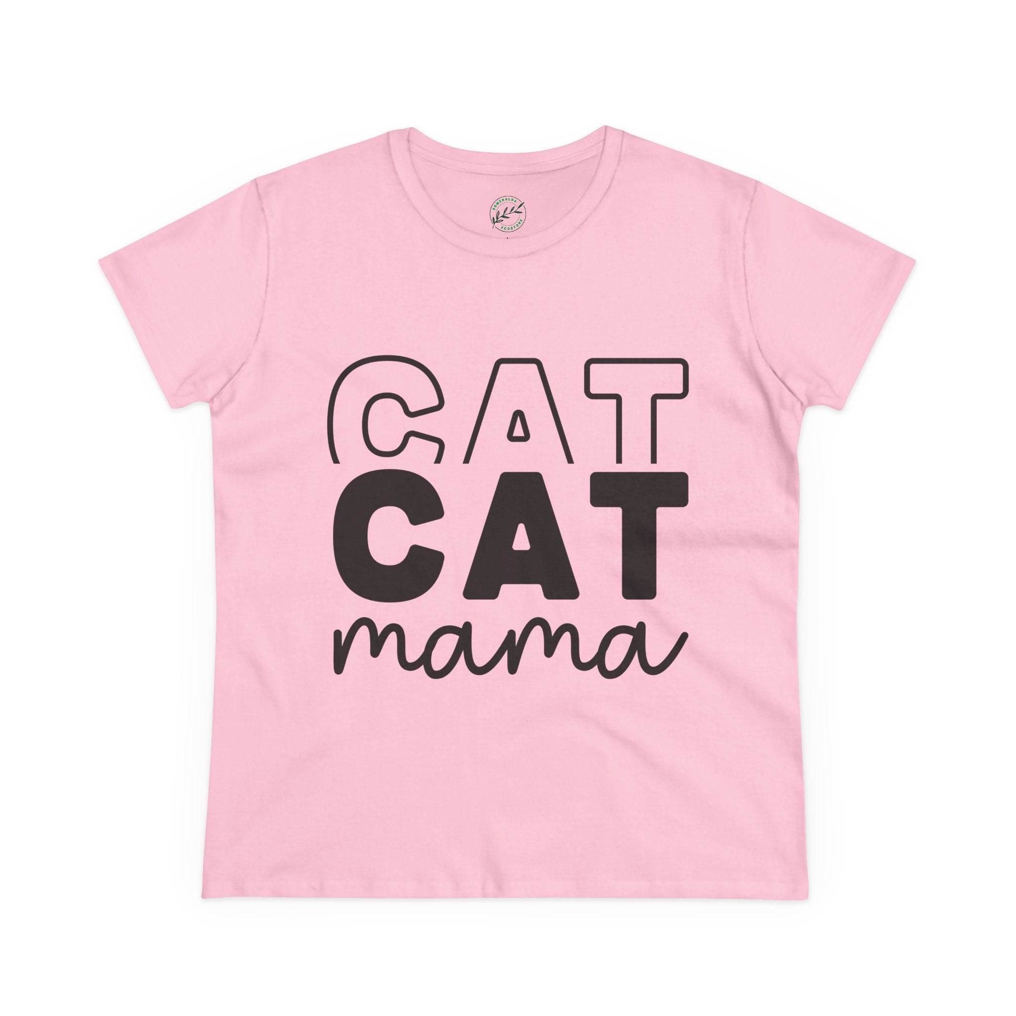 Printify pink cotton T shirt with bold black CAT CAT mama graphic for cat lovers eco-friendly cat mom shirt