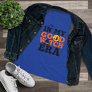 Blue womens t shirt with In My Good Witch Era design with denim jacket and sneakers eco friendly halloween t shirt women
