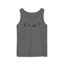 Printify charcoal gray eco-friendly unisex tank top with minimalist moon tent mountain and axe camping icons across chest