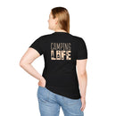 Printify eco-friendly camping t-shirt black female back view with beige CAMPING LIFE graphic