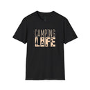 Printify black Camping Life tee with beige campfire tree and stars design eco-friendly camping t-shirt for outdoor lovers