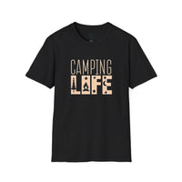 Printify black Camping Life tee with beige campfire tree and stars design eco-friendly camping t-shirt for outdoor lovers