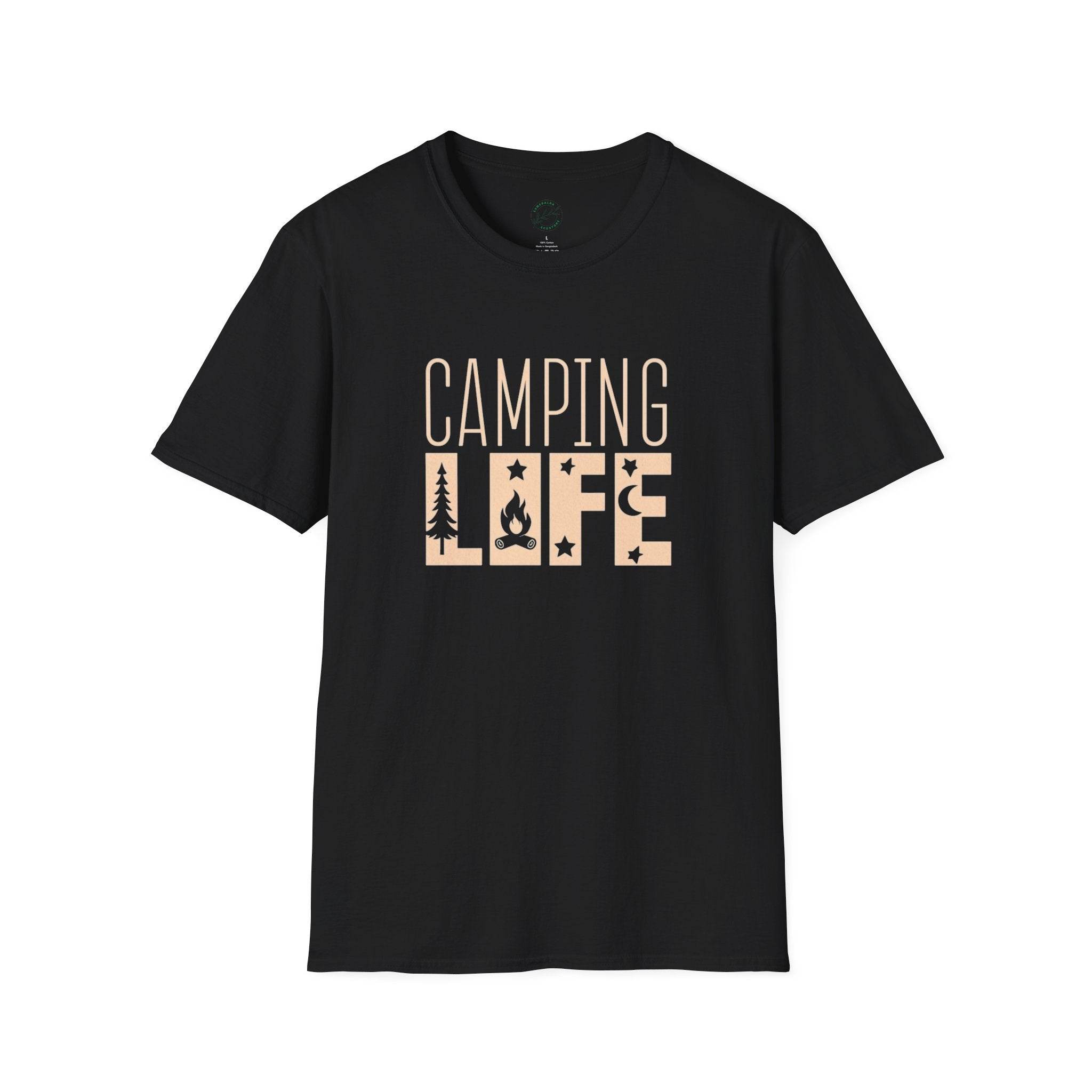 Printify black Camping Life tee with beige campfire tree and stars design eco-friendly camping t-shirt for outdoor lovers