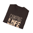 eco-friendly camping t-shirt Printify brown folded tee with beige Camping Life print showing campfire tree and stars