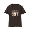 Printify eco-friendly camping t-shirt dark brown with beige Camping Life design showing trees campfire and stars