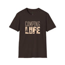 Printify eco-friendly camping t-shirt dark brown with beige Camping Life design showing trees campfire and stars