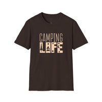 Printify eco-friendly camping t-shirt dark brown with beige Camping Life design showing trees campfire and stars