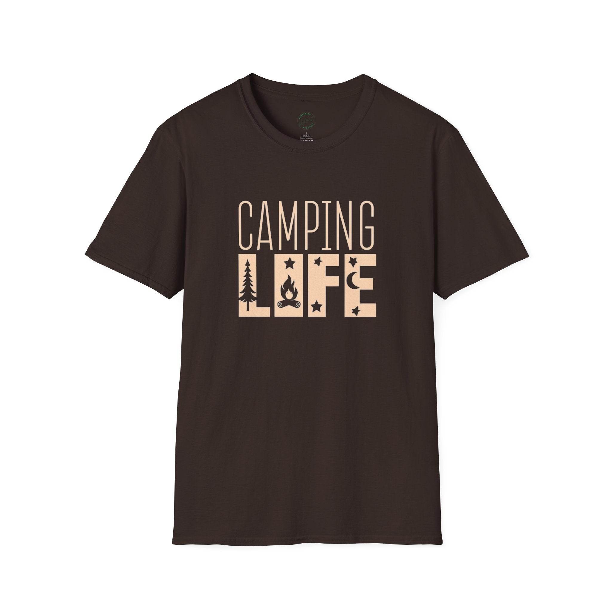 Printify eco-friendly camping t-shirt dark brown with beige Camping Life design showing trees campfire and stars