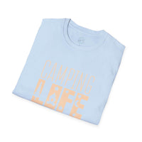 Printify folded light blue t shirt with CAMPING LIFE peach graphic of trees and campfire eco-friendly camping t-shirt