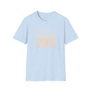 Printify light blue tee with CAMPING LIFE peach graphic eco-friendly camping t-shirt for outdoor lovers