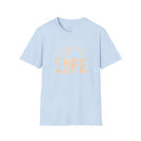 Printify light blue tee with CAMPING LIFE peach graphic eco-friendly camping t-shirt for outdoor lovers