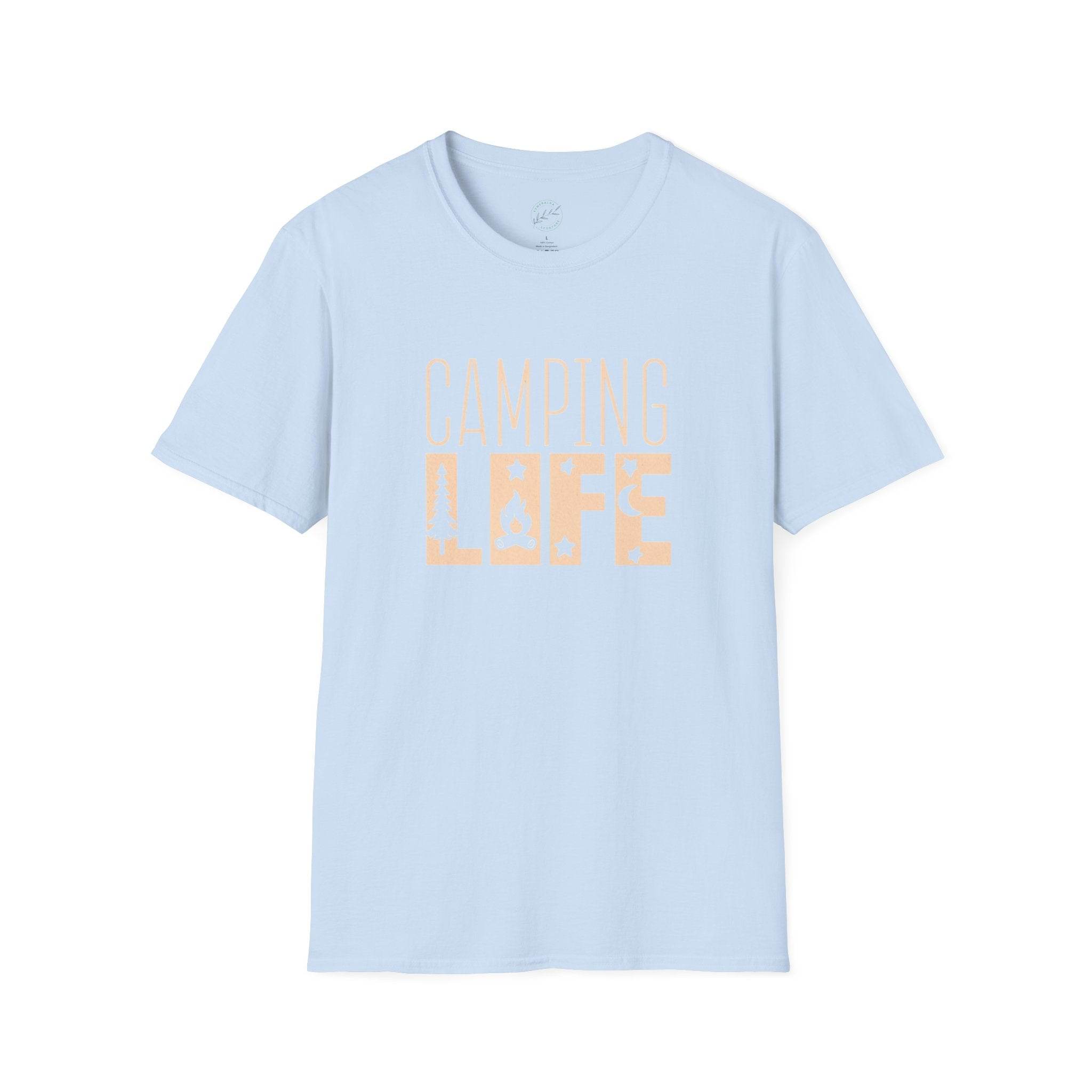 Printify light blue tee with CAMPING LIFE peach graphic eco-friendly camping t-shirt for outdoor lovers