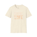 Printify eco-friendly camping t-shirt in natural speckled cream with CAMPING LIFE peach campfire graphic breathable cotton