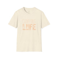 Printify eco-friendly camping t-shirt in natural speckled cream with CAMPING LIFE peach campfire graphic breathable cotton