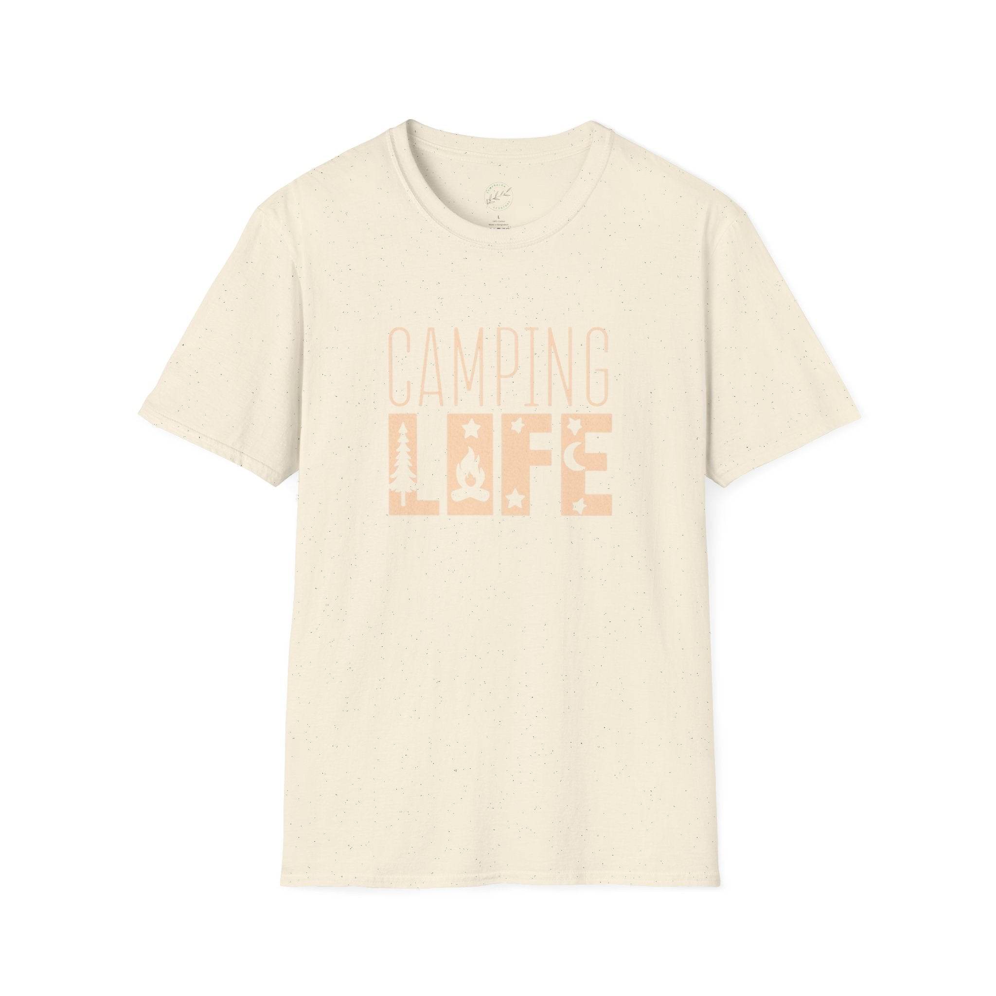 Printify eco-friendly camping t-shirt in natural speckled cream with CAMPING LIFE peach campfire graphic breathable cotton