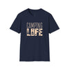 Printify navy T shirt with beige CAMPING LIFE graphic showing tree campfire and stars eco-friendly camping t-shirt