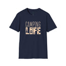 Printify navy T shirt with beige CAMPING LIFE graphic showing tree campfire and stars eco-friendly camping t-shirt