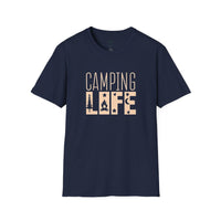 Printify navy T shirt with beige CAMPING LIFE graphic showing tree campfire and stars eco-friendly camping t-shirt