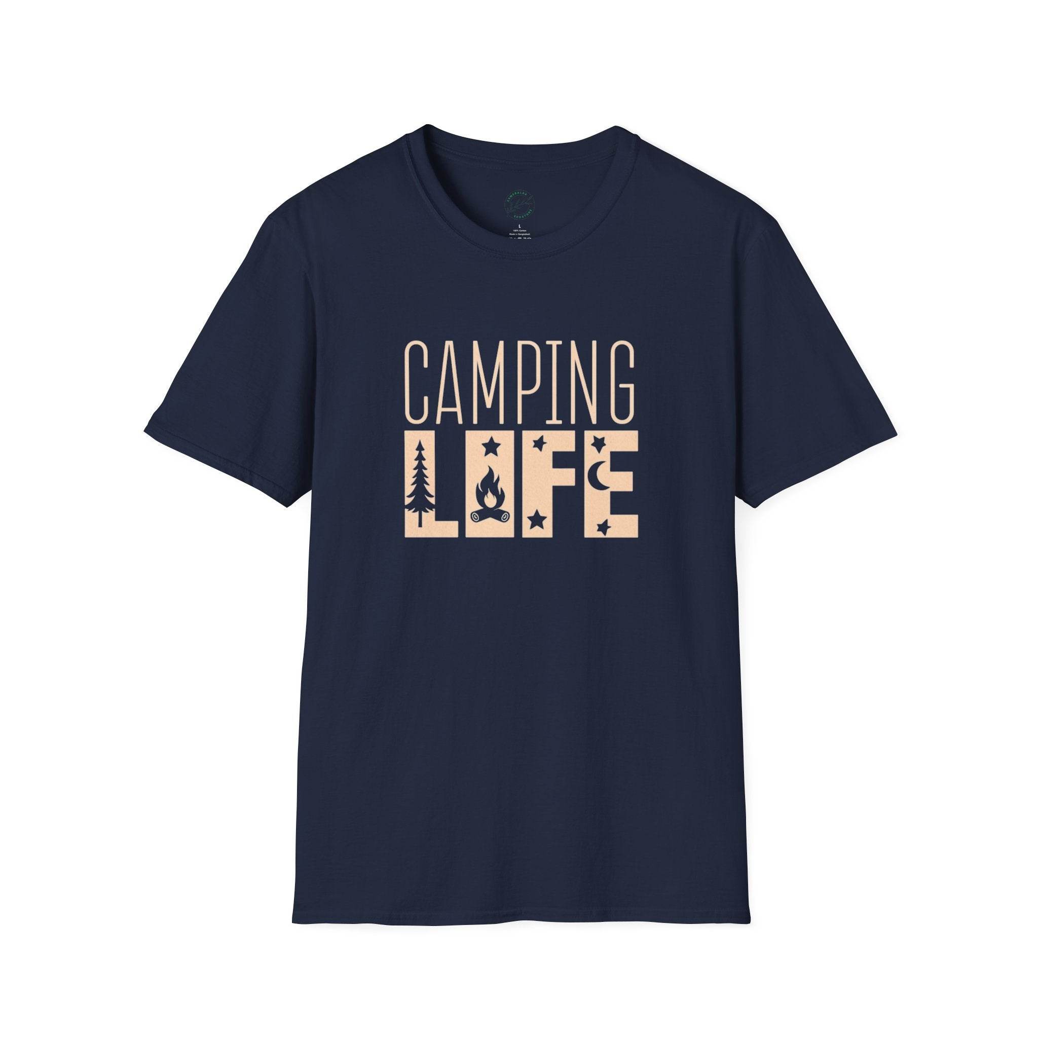 Printify navy T shirt with beige CAMPING LIFE graphic showing tree campfire and stars eco-friendly camping t-shirt