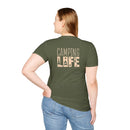 Printify olive green eco-friendly camping t-shirt on woman model showing back Camping Life print with trees fire and stars