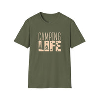 Printify olive green eco-friendly camping t-shirt with beige Camping Life graphic and campfire icon