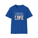 Printify blue eco-friendly camping t-shirt with beige Camping Life print showing tree campfire and stars