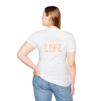 Back view of woman wearing Printify eco-friendly camping t-shirt in white with Camping Life peach graphic