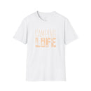 Printify white eco-friendly camping t-shirt with peach Camping Life print showing campfire tree and star icons