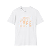 Printify white eco-friendly camping t-shirt with peach Camping Life print showing campfire tree and star icons