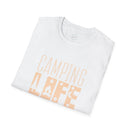 Printify white folded tee with beige Camping Life print eco-friendly camping t-shirt for outdoor lovers