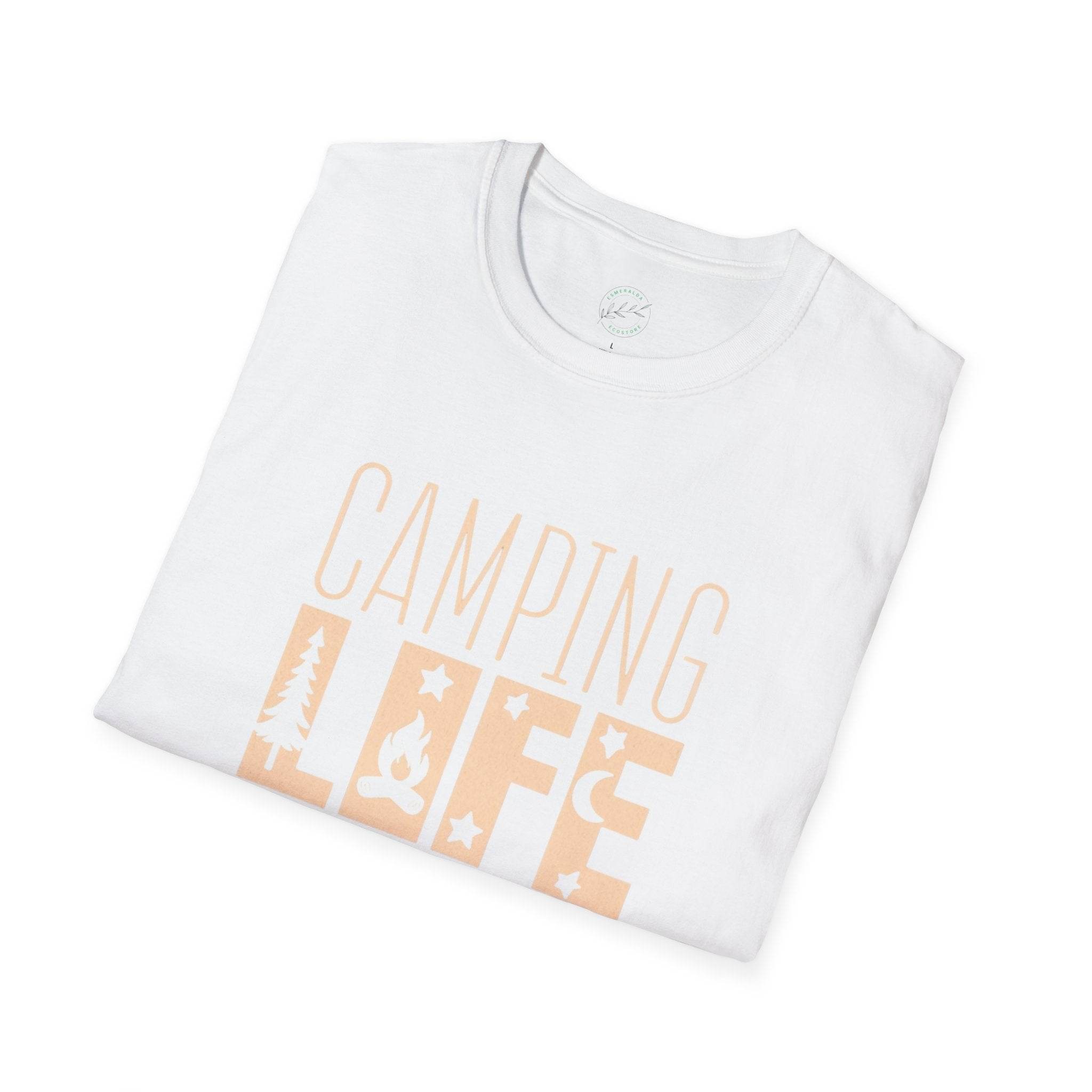 Printify white folded tee with beige Camping Life print eco-friendly camping t-shirt for outdoor lovers