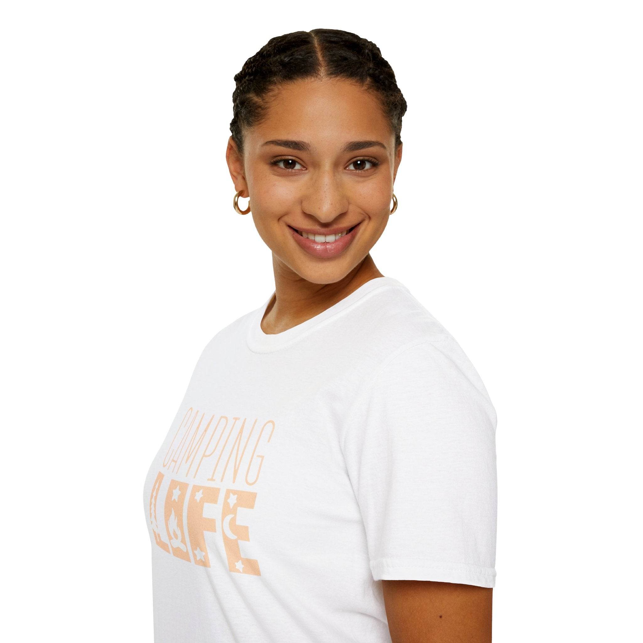 Printify eco-friendly camping t-shirt white crewneck with peach Camping Life print worn by smiling model