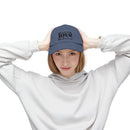 Printify navy baseball cap worn by woman with love pet design eco-friendly pet lover hat casual outdoor accessory