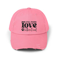 Printify pink distressed baseball cap with black paw Loyal Friend Love print eco-friendly pet lover hat