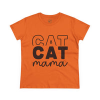 Printify eco-friendly cat mom shirt orange tee with stacked bold black CAT graphic and cursive mama text