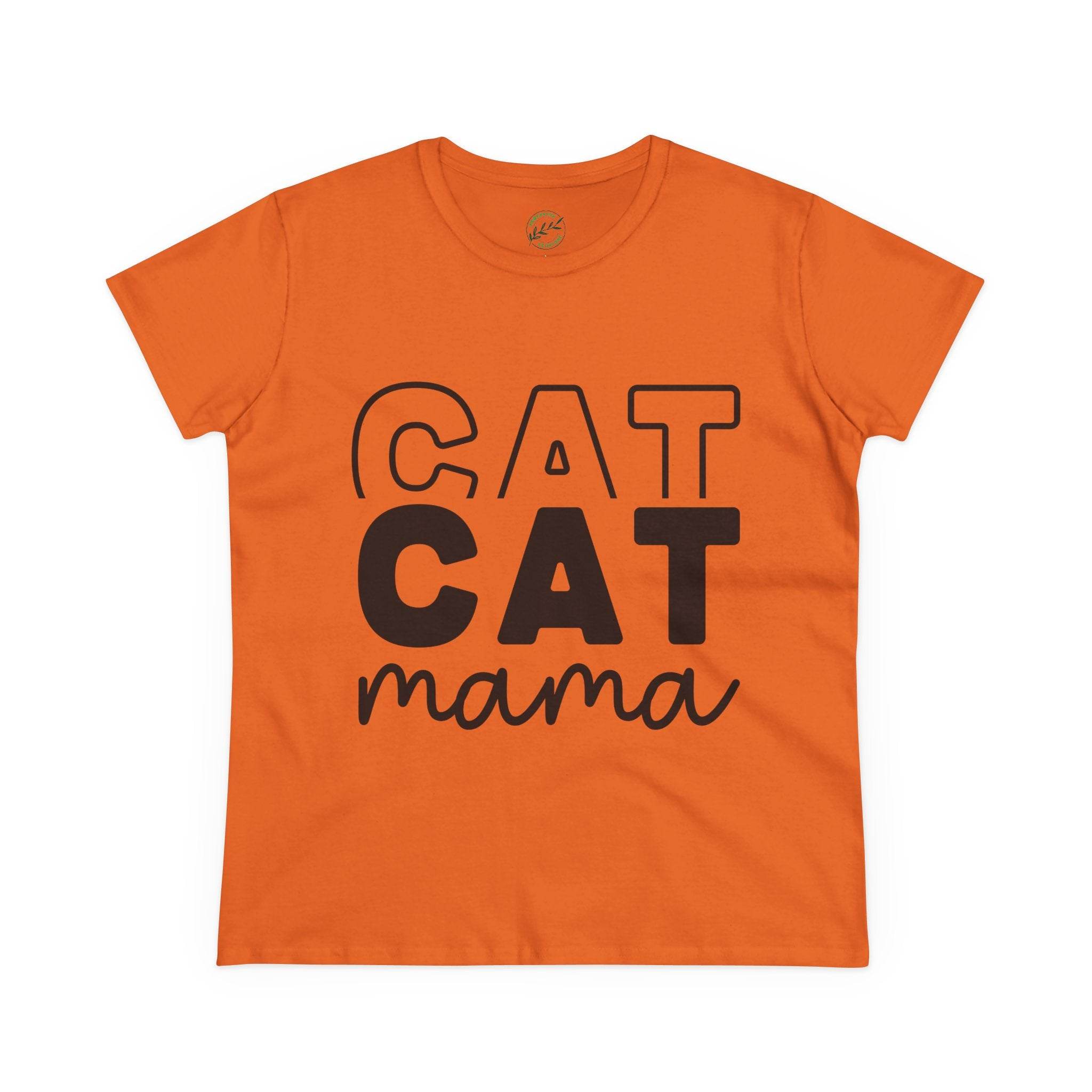 Printify eco-friendly cat mom shirt orange tee with stacked bold black CAT graphic and cursive mama text