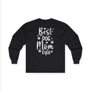 Printify black long sleeve tee with white Best Dog Mom Ever back print and paw graphics eco-friendly pet lover apparel