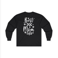 Printify black long sleeve tee with white Best Dog Mom Ever back print and paw graphics eco-friendly pet lover apparel