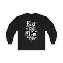Black long sleeve shirt saying Best Dog Mom Ever with paw prints eco-friendly pet lover apparel from Printify