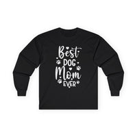 Black long sleeve shirt saying Best Dog Mom Ever with paw prints eco-friendly pet lover apparel from Printify