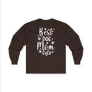 Printify long sleeves dark brown Best Dog Mom Ever shirt with white paw prints eco-friendly pet lover apparel