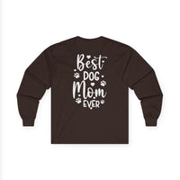 Printify long sleeves dark brown Best Dog Mom Ever shirt with white paw prints eco-friendly pet lover apparel
