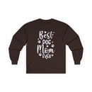 Printify long sleeve brown shirt with white Best Dog Mom Ever design and paw prints eco-friendly pet lover apparel