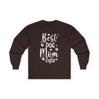Printify long sleeve brown shirt with white Best Dog Mom Ever design and paw prints eco-friendly pet lover apparel
