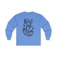 Printify light blue long sleeves with Best Dog Mom Ever black print and paw hearts eco-friendly pet lover apparel