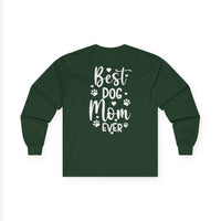 Printify long sleeve dark green shirt with white Best Dog Mom Ever design and paw prints eco-friendly pet lover apparel