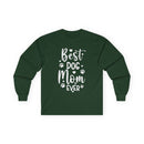 Forest green long sleeve shirt with Best Dog Mom Ever white print and paw graphics eco-friendly pet lover apparel